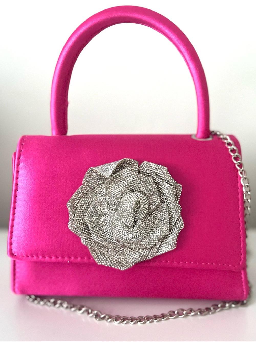 Hot Pink Rose Accent Top-Handle Women's Bag